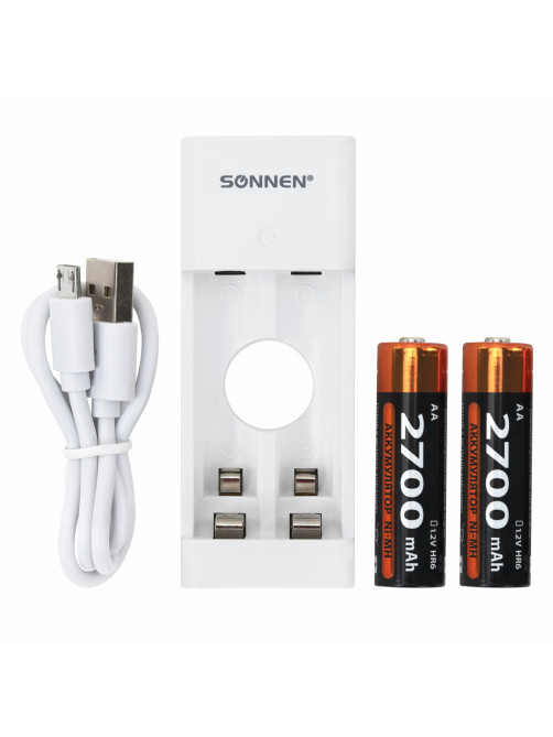 Зарядное устройство с аккумуляторами 2 шт. AA (HR6), 2700 mAh, SONNEN BC2, в блистере, 454239