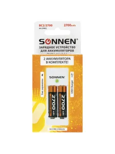 Зарядное устройство с аккумуляторами 2 шт. AA (HR6), 2700 mAh, SONNEN BC2, в блистере, 454239