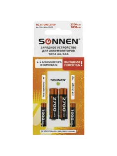 Зарядное устройство с аккумуляторами 4 шт. (2+2) AA+AAA (HR6+HR03), 2700 mAh + 1000 mAh, SONNEN (СОНЕН) BC2, 455005