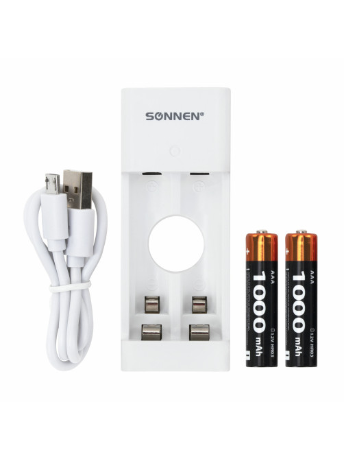 Зарядное устройство с аккумуляторами 2 шт. AAA (HR03), 1000 mAh, SONNEN BC2, в блистере, 455004