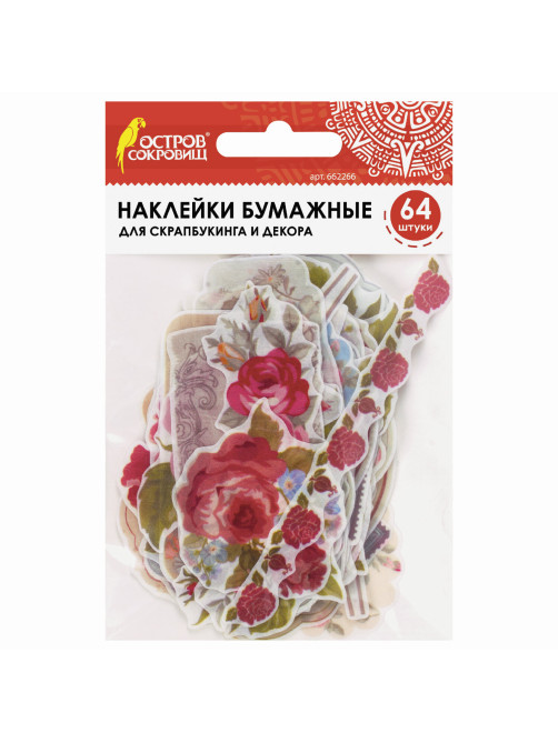 Наклейки для скрапбукинга РОЗЫ из washi-бумаги, 64 штуки, 32 дизайна, ОСТРОВ СОКРОВИЩ, 662266
