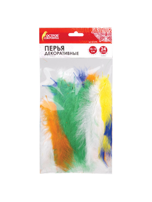 Перья декоративные страусиные, 10-12 см, 24 шт., 6 цветов, яркие, ассорти, ОСТРОВ СОКРОВИЩ, 661378