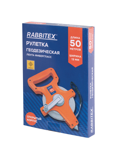 Рулетка геодезическая 50 м х 13 мм, лента фибергласс, открытый корпус, RABBITEX (РАББИТЕКС), 671368