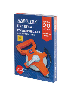 Рулетка геодезическая 20 м х 13 мм, лента фибергласс, открытый корпус, RABBITEX (РАББИТЕКС), 671366