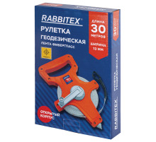Рулетка геодезическая 30 м х 13 мм, лента фибергласс, открытый корпус, RABBITEX (РАББИТЕКС), 671367