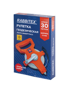 Рулетка геодезическая 30 м х 13 мм, лента фибергласс, открытый корпус, RABBITEX (РАББИТЕКС), 671367