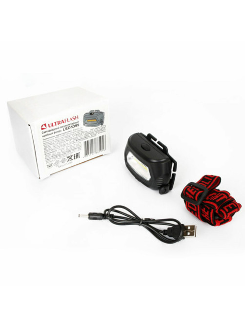 Фонарь налобный аккумуляторный ULTRAFLASH 3Вт COB, 3 режима, Li-pol (USB-кабель в комплекте), LED5359