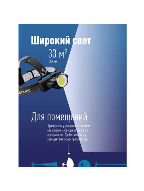 Фонарь налобный аккумуляторный КОСМОС, 5 Вт, COB, Li-ion, 3 режима, заряд от USB, KOCH5WLi-On