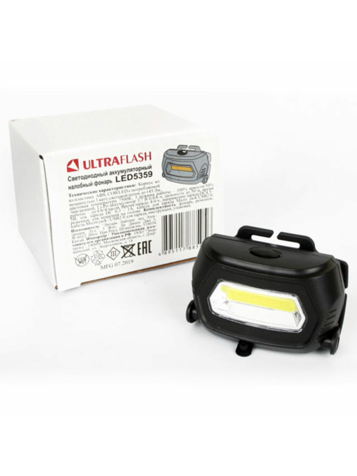 Фонарь налобный аккумуляторный ULTRAFLASH 3Вт COB, 3 режима, Li-pol (USB-кабель в комплекте), LED5359