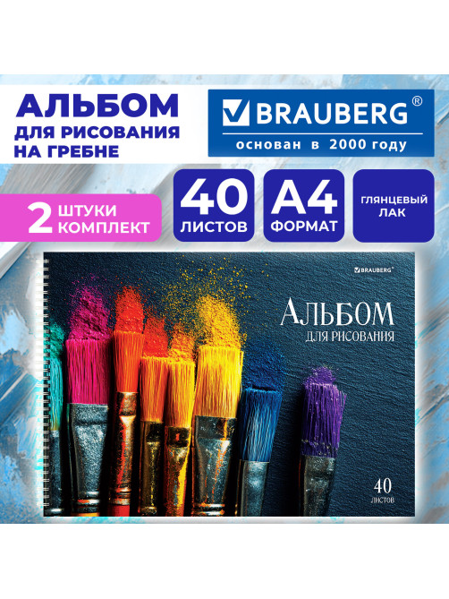 Альбомы для рисования ДЭК, А4, 40 л., КОМПЛЕКТ 2 шт., гребень, глянцевый лак, BRAUBERG, 200х290 мм, 