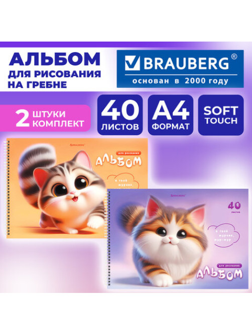 Альбомы для рисования ДЭК, А4, 40 л., КОМПЛЕКТ 2 шт., гребень, Soft-touch, BRAUBERG, 200х290 мм, 