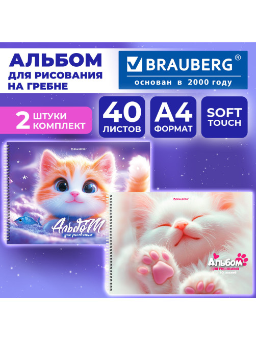 Альбомы для рисования ДЭК, А4, 40 л., КОМПЛЕКТ 2 шт., гребень, Soft-touch, BRAUBERG, 200х290 мм, 