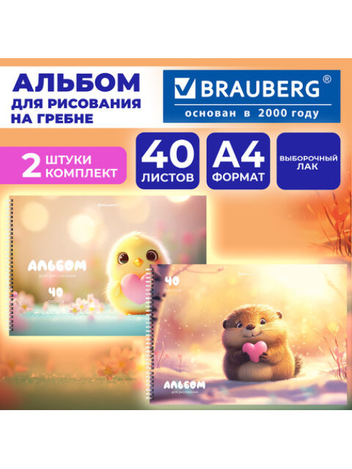 Альбомы для рисования ДЭК, А4, 40 л., КОМПЛЕКТ 2 шт., гребень, выборочный лак, BRAUBERG, 200х290 мм, 
