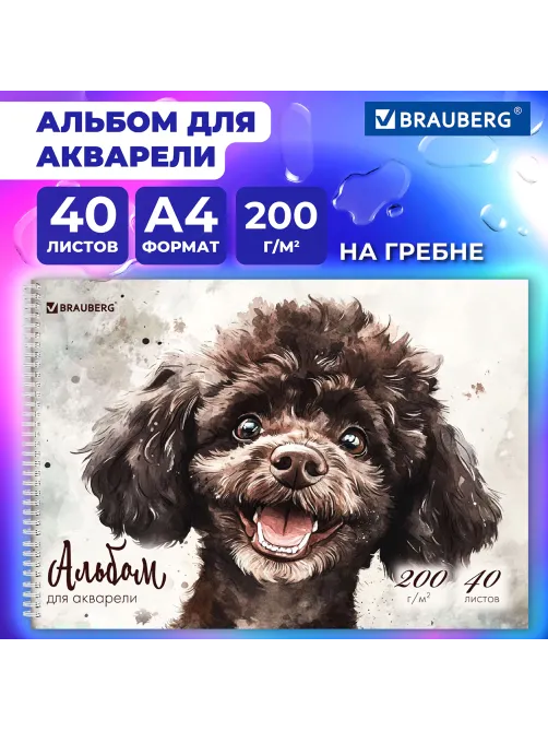 Альбом для акварели А4 40 л., бумага 200 г/м2, гребень, твердая подложка, BRAUBERG, 