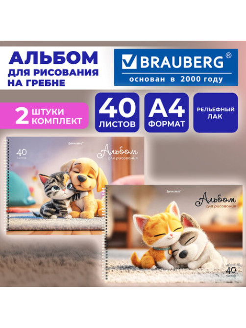 Альбомы для рисования ДЭК, А4, 40 л., КОМПЛЕКТ 2 шт., гребень, TWIN-лак, BRAUBERG, 200х290 мм, 