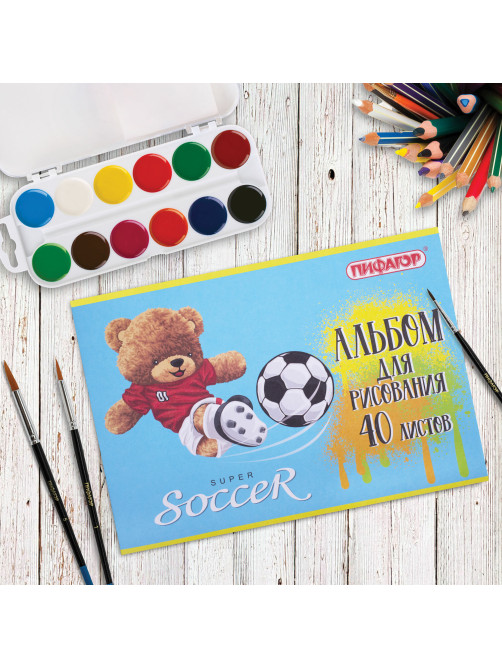 Альбом для рисования А4 40 л., скоба, обложка офсет, ПИФАГОР, 203х288 мм, 