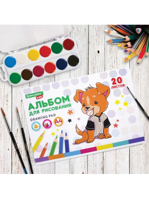 Альбом для рисования А4 20 л., скоба, обложка картон, BRAUBERG KIDS, 203х288 мм, 