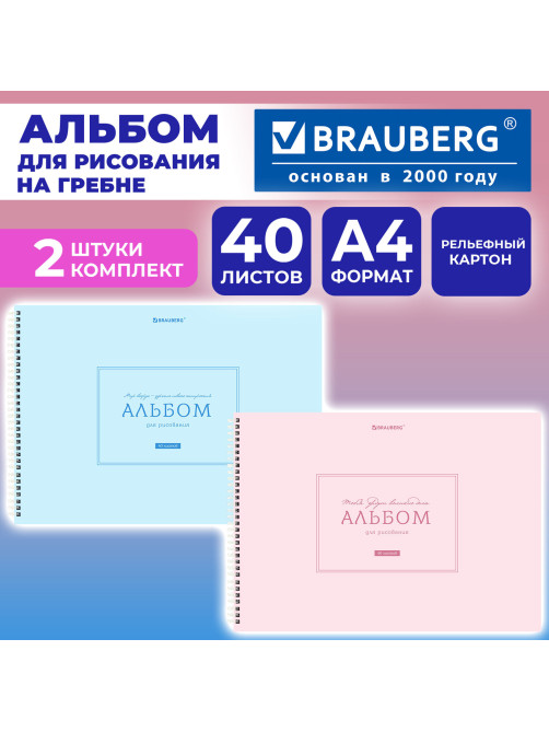 Альбомы для рисования ДЭК, А4, 40 л., КОМПЛЕКТ 2 шт., гребень, рельефный картон, BRAUBERG, 200х290 мм, 