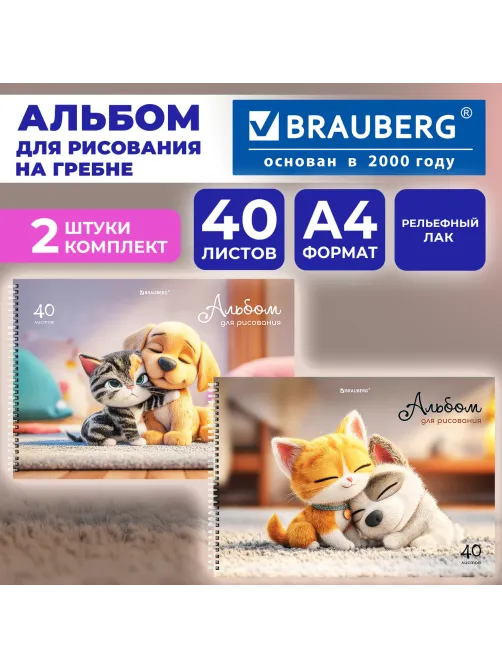 Альбомы для рисования ДЭК, А4, 40 л., КОМПЛЕКТ 2 шт., гребень, TWIN-лак, BRAUBERG, 200х290 мм, 