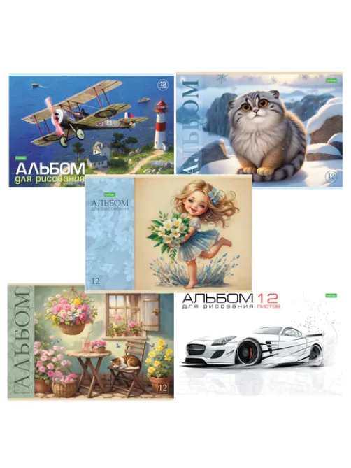 Альбом для рисования А4 12 л., скоба, обложка офсет, HATBER ECO, 205х290 мм, Ассорти (5 видов), 085250, 12А4C