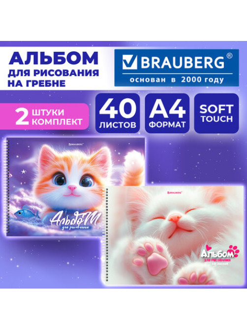 Альбомы для рисования ДЭК, А4, 40 л., КОМПЛЕКТ 2 шт., гребень, Soft-touch, BRAUBERG, 200х290 мм, 