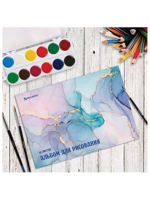 Альбом для рисования А4, 40 листов, скоба, обложка картон, BRAUBERG, 205х290 мм, 
