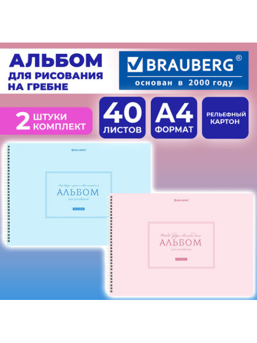 Альбомы для рисования ДЭК, А4, 40 л., КОМПЛЕКТ 2 шт., гребень, рельефный картон, BRAUBERG, 200х290 мм, 