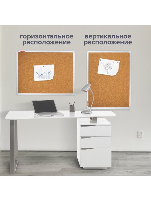 Доска пробковая для объявлений 60х90 см, алюминиевая рамка, ГАРАНТИЯ 10 ЛЕТ, РОССИЯ, BRAUBERG, 231712