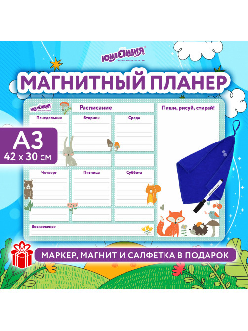 Планинг на холодильник магнитный РАСПИСАНИЕ 42х30 см, с маркером и салфеткой, ЮНЛАНДИЯ, 237851