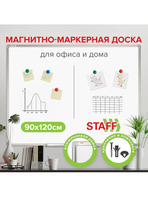 Доска магнитно-маркерная 90х120 см, алюминиевая рамка, ГАРАНТИЯ 10 ЛЕТ, STAFF, 235463