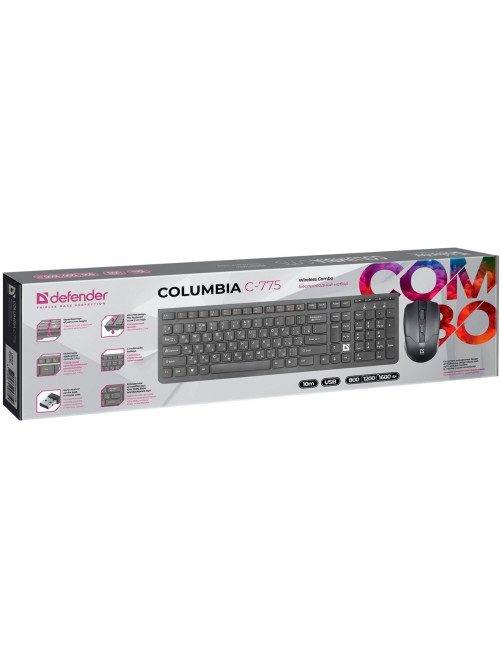 Набор беспроводной DEFENDER Columbia C-775RU, USB, клавиатура, мышь 2 кнопки + 1 колесо-кнопка, черный, 45775