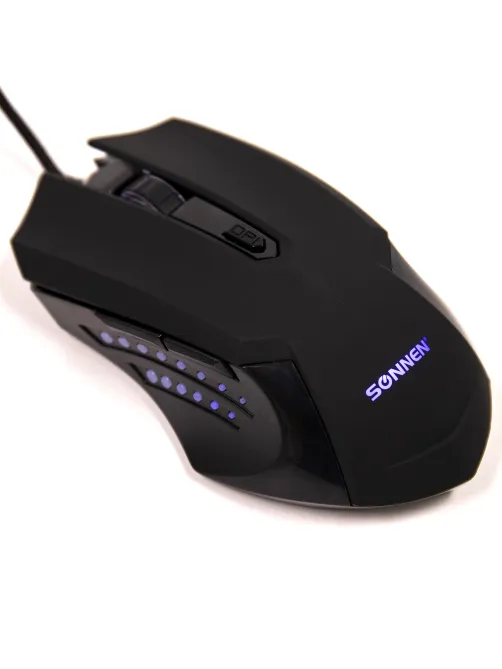 Мышь проводная SONNEN I3, пластик, 6 кнопок, 800-3200 dpi, LED-подсветка, черная, 513523
