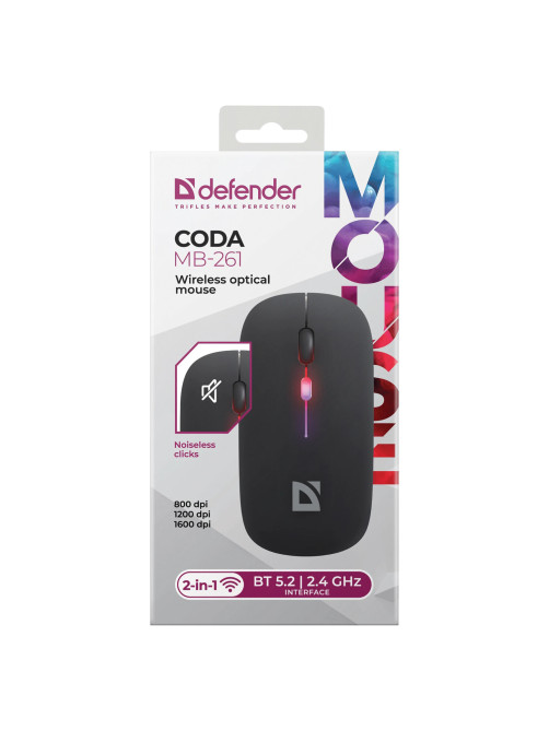 Мышь беспроводная DEFENDER Coda MB-261, 2.4 ГГц+BT, радужная, 3 кнопки + 1 колесо, 300 мАч, черная, 52261