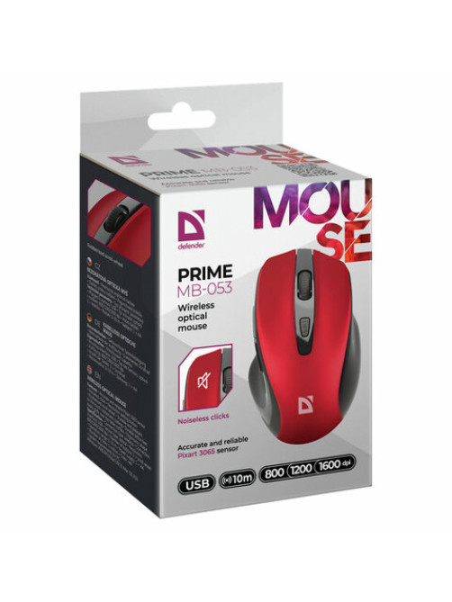 Мышь беспроводная DEFENDER Prime MB-053, USB, 5 кнопок + 1 колесо-кнопка, оптическая, красная, 52052