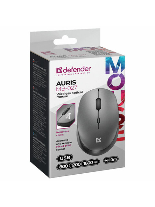 Мышь беспроводная DEFENDER Auris MB-027, USB, 3 кнопки + 1 колесо-кнопка, оптическая, серая, 52029