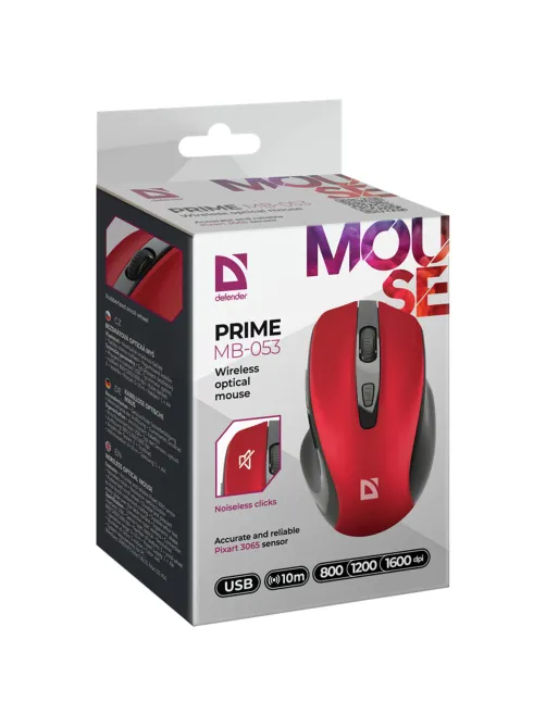 Мышь беспроводная DEFENDER Prime MB-053, USB, 5 кнопок + 1 колесо-кнопка, оптическая, красная, 52052
