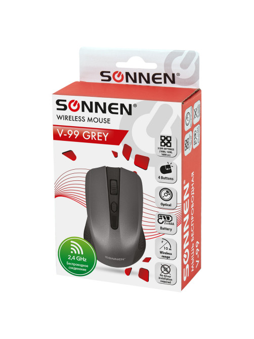 Мышь беспроводная SONNEN V99, USB, 1000/1200/1600 dpi, 4 кнопки, оптическая, серая, 513528