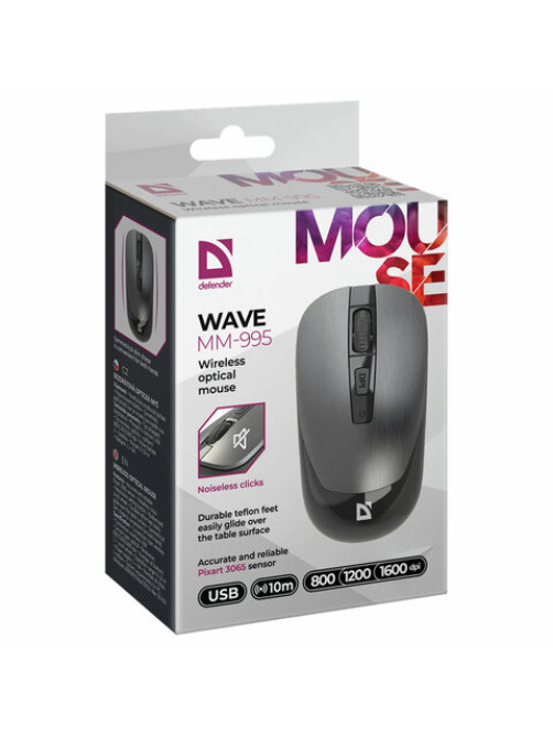 Мышь беспроводная бесшумная DEFENDER Wave MM-995, USB, 3 кнопки+1 колесо-кнопка, оптическая, серая, 52993