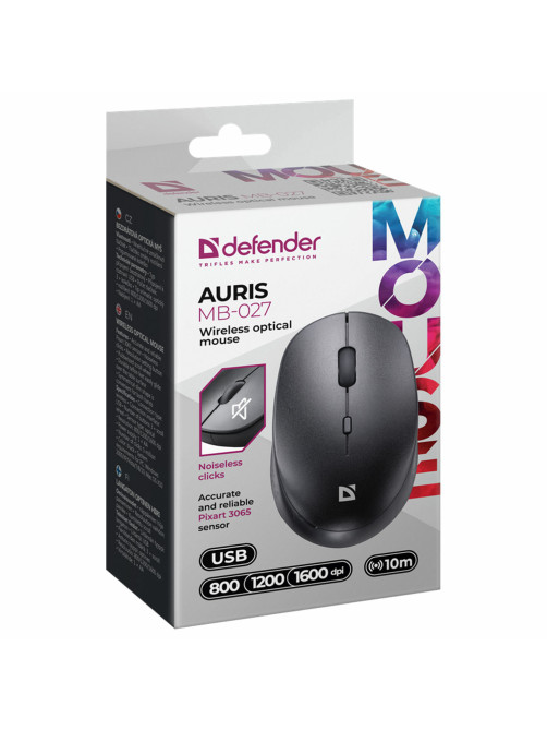 Мышь беспроводная DEFENDER Auris MB-027, USB, 3 кнопки + 1 колесо-кнопка, оптическая, черная, 52027