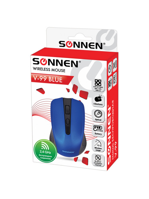 Мышь беспроводная SONNEN V99, USB, 1000/1200/1600 dpi, 4 кнопки, оптическая, синяя, 513530
