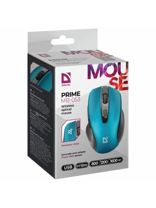 Мышь беспроводная DEFENDER Prime MB-053, USB, 5 кнопок + 1 колесо-кнопка, оптическая, бирюзовая? 52054
