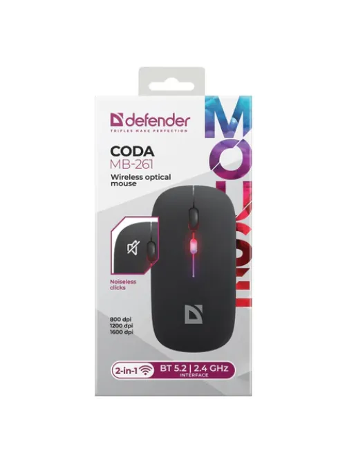 Мышь беспроводная DEFENDER Coda MB-261, 2.4 ГГц+BT, радужная, 3 кнопки + 1 колесо, 300 мАч, черная, 52261