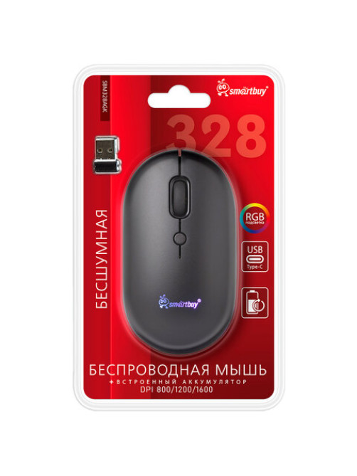 Мышь беспроводная бесшумная SMARTBUY 328AG, USB, 3 кнопки + 1 колесо-кнопка, черный, SBM328AGK
