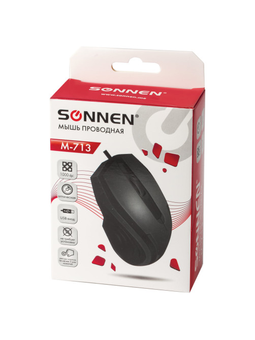 Мышь проводная SONNEN М-713, USB, 1000 dpi, 2 кнопки + колесо-кнопка, оптическая, черная, 512637
