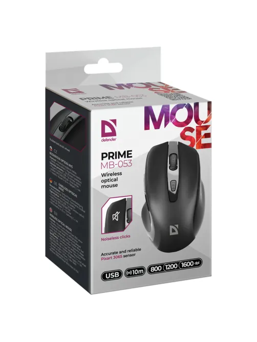 Мышь беспроводная DEFENDER Prime MB-053, USB, 5 кнопок + 1 колесо-кнопка, оптическая, черная, 52053