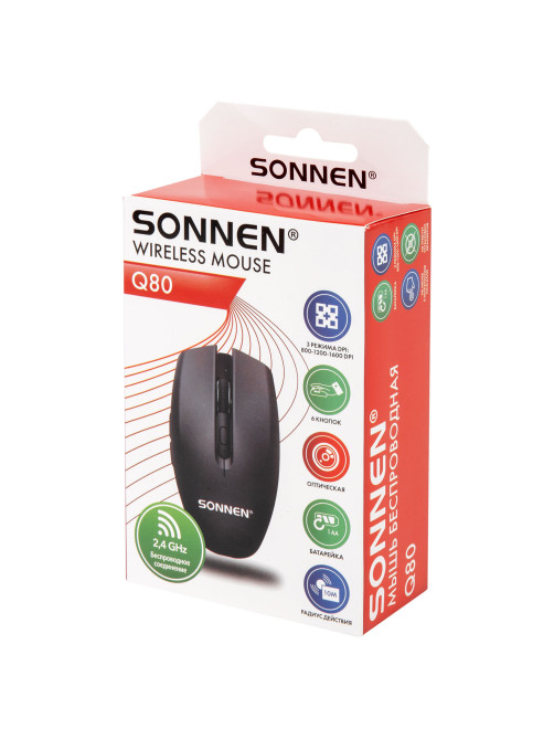Мышь беспроводная USB, 800/1200/1600 dpi, 5 кнопок + колесо-кнопка, оптическая, SONNEN Q80, черная, 513945