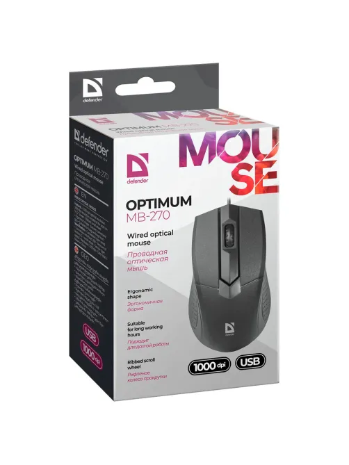 Мышь проводная DEFENDER Optimum MB-270, USB, 2 кнопки + 1 колесо-кнопка, оптическая, черная, 52270