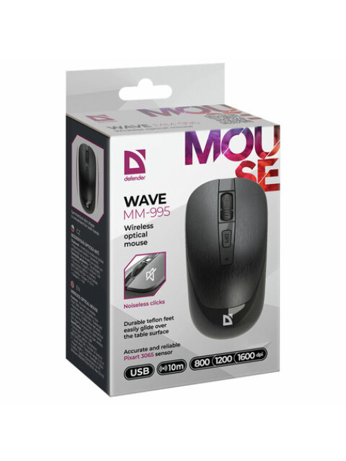 Мышь беспроводная бесшумная DEFENDER Wave MM-995, USB, 3 кнопки + 1 колесо-кнопка, оптическая, черная, 52995