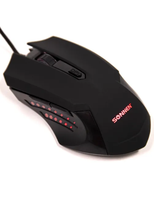 Мышь проводная SONNEN I3, пластик, 6 кнопок, 800-3200 dpi, LED-подсветка, черная, 513523