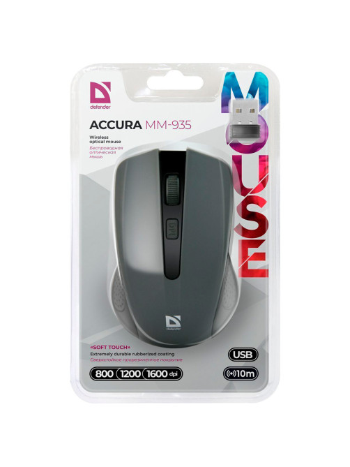 Мышь беспроводная DEFENDER Accura MM-935, 3 кнопки + 1 колесо-кнопка, оптическая, серая, 52936